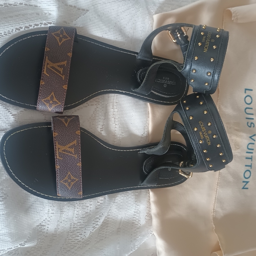 Louis Vuitton Black Leather Sandals with Gold Studs
